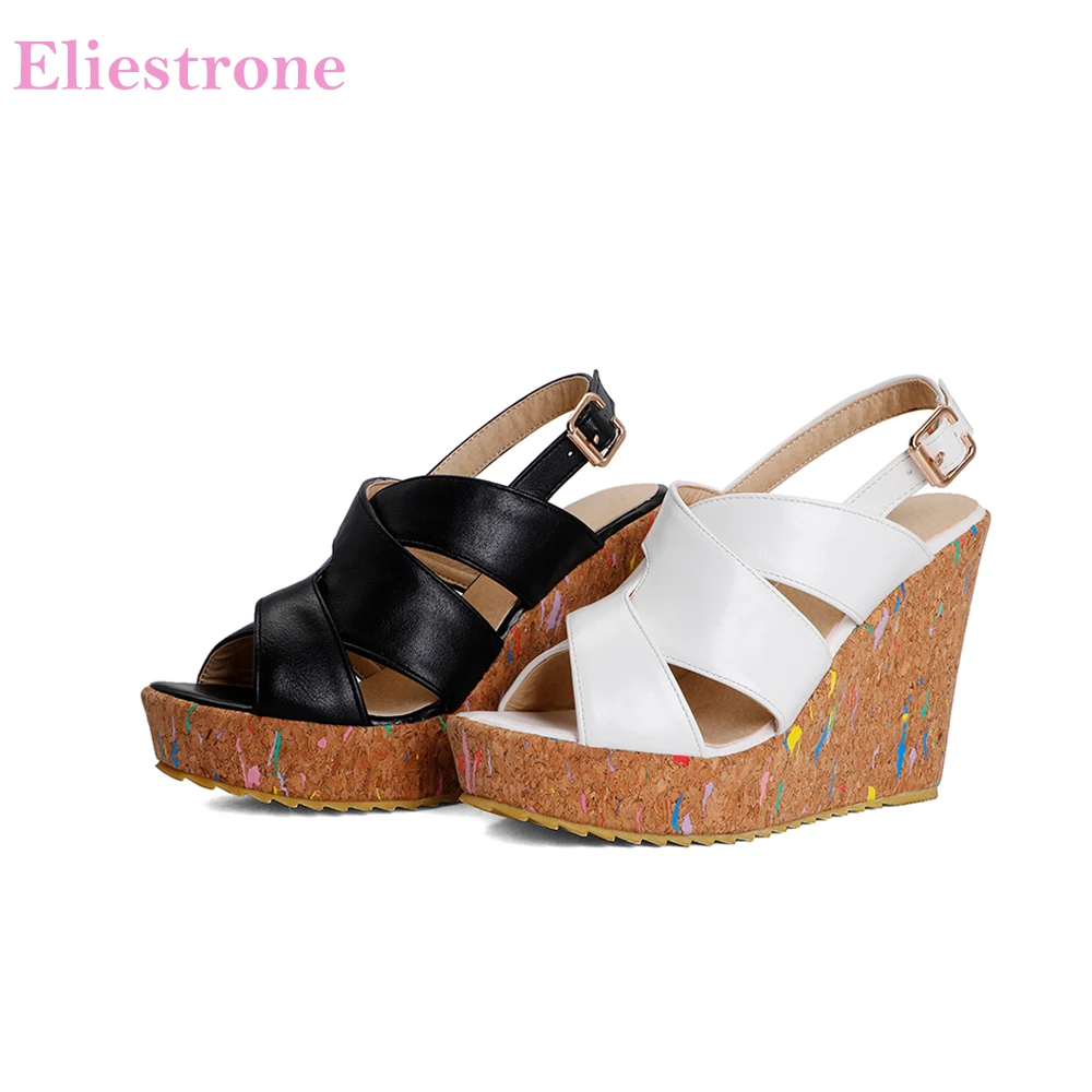 

Brand New Sweet White Black Women Sandals Rome Super High 5 Inch Wedge Heels Office Lady Shoes Plus Big Size 10 43