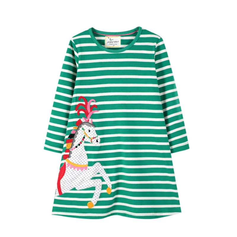 Jumping meters Top Brand Animals Applique Stripe Princess Girls Long Sleeve Dresses for Autumn Spring Duck Baby Dress | Детская одежда