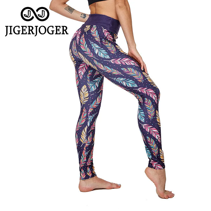JIGERJOGER 2020 Color feather printed leggings cheap new high waisted yoga pants gym women sport fitness | Спорт и развлечения
