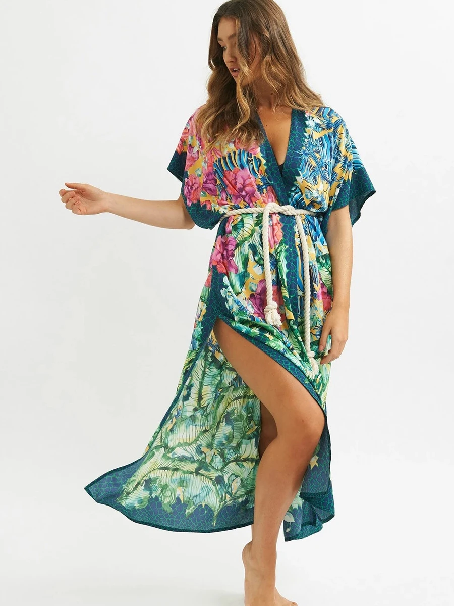 Кимоно из пеньковой веревки с принтом аквариума и рыбок Пляжная накидка бохо