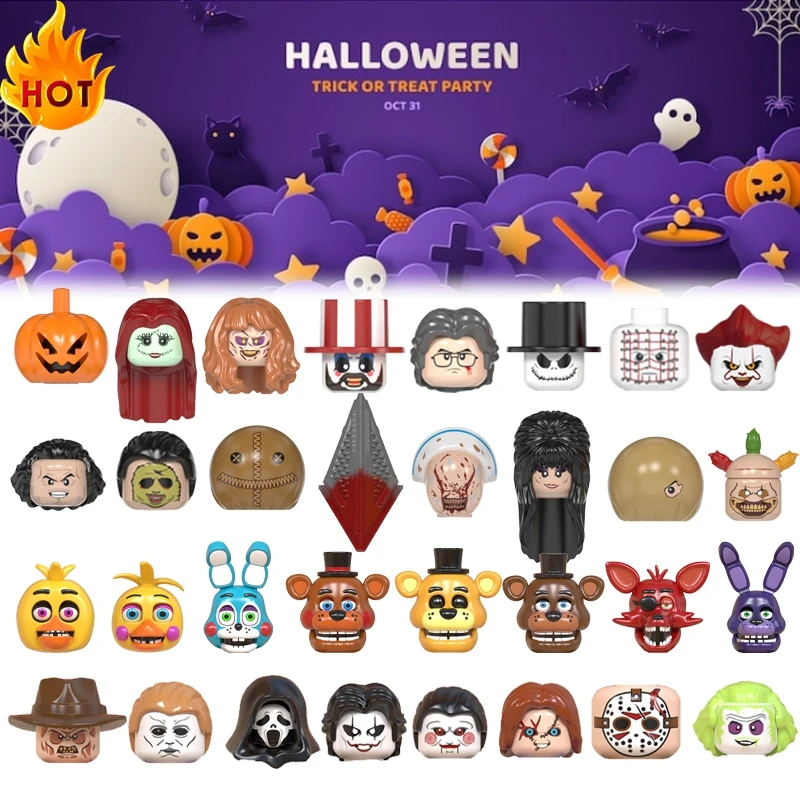 

Happy Halloween Terror Joker Pumpkin Five Nights at Freddy Jason Action Figure DIY Building Blocks Bricks Toys For Children Head