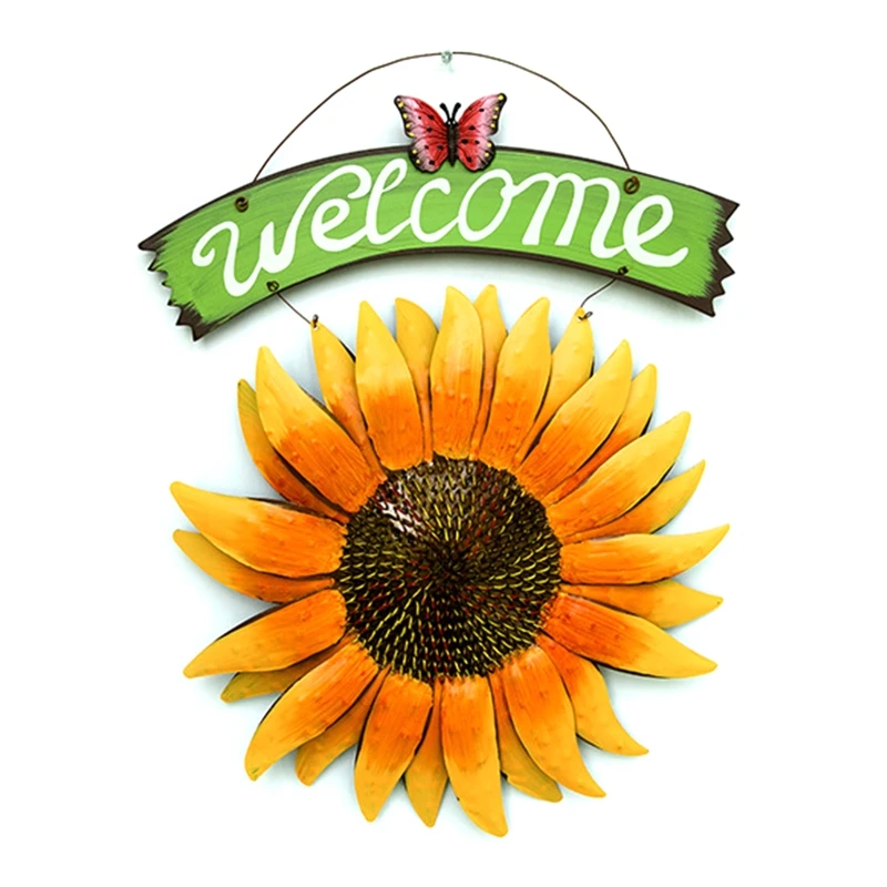 

Vintage Iron Hang Sunflower Welcomeing Sign 15in Garden Door Hanging Home Decor