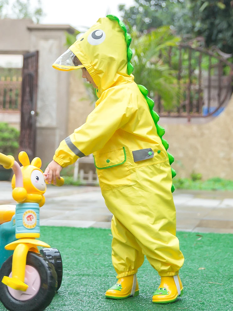 Children Raincoat Hooded Waterproof Yellow Kids Hiking Impermeable Outdoor Pocket Rain Jumpsuit Reusable MM60YY |