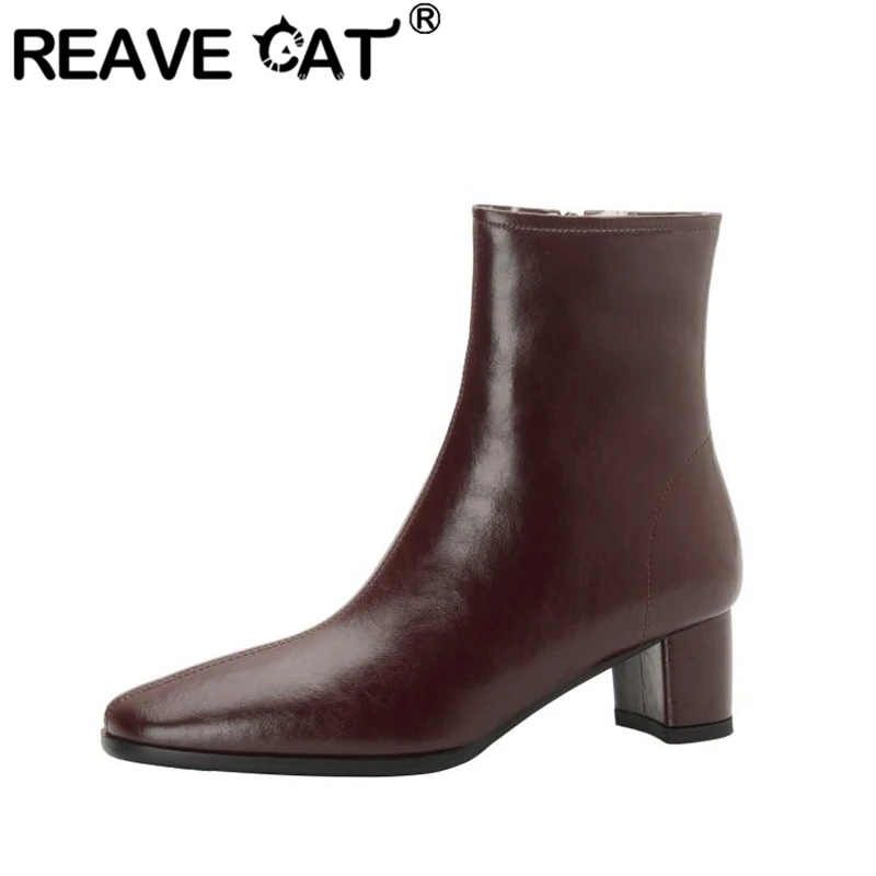

REAVE CAT Woman's Ankle Boots Round Toe Block Heels Cow Leather Zipper Big Size 34-43 Solid Black White Retro Winter Warm S2767