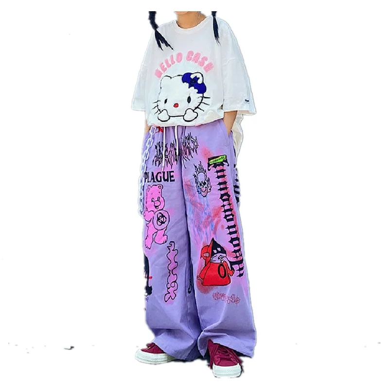 

Summer Womens Wide-leg Pants New Style Cartoon Print Straight Trousers Personality Graffiti Street Clothing Womens Loose Pants