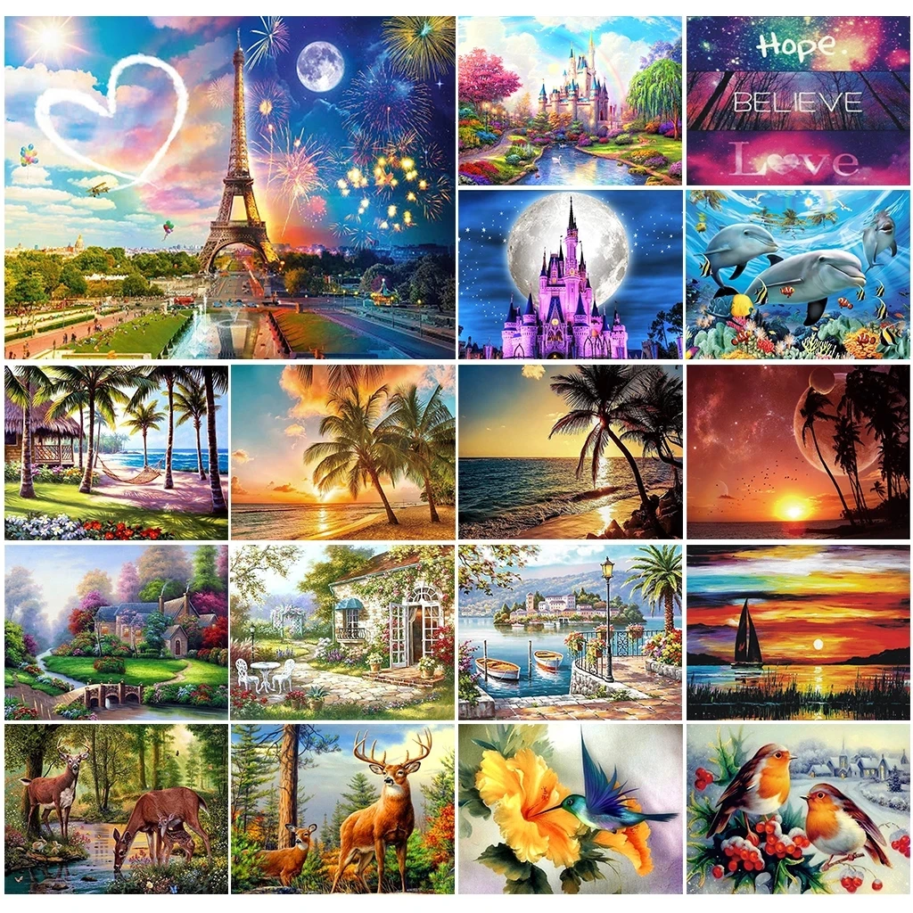 

Beach Sunset DIY Diamond Paintings Cross Stitch Kits 5D Embroidery Mosaic Rhinestone Sea Scenic Pictures Living Room Decoration