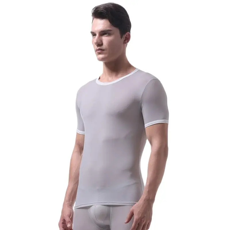 Mens Ice Silk Ultra-Thin Short-Sleeved T-Shirt Sexy Translucent Tight Smooth Shape Body Camiseta Funny T Shirts Camisetas Hombre | Мужская