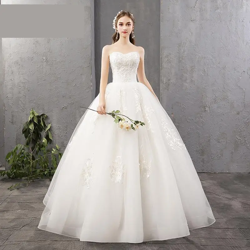 

Vestido De Noiva 2021 Feerijt Strapless Wedding Dress Lace Up Ball Gown Princess Luxury Lace Robe De Mariee Plus Size Customize