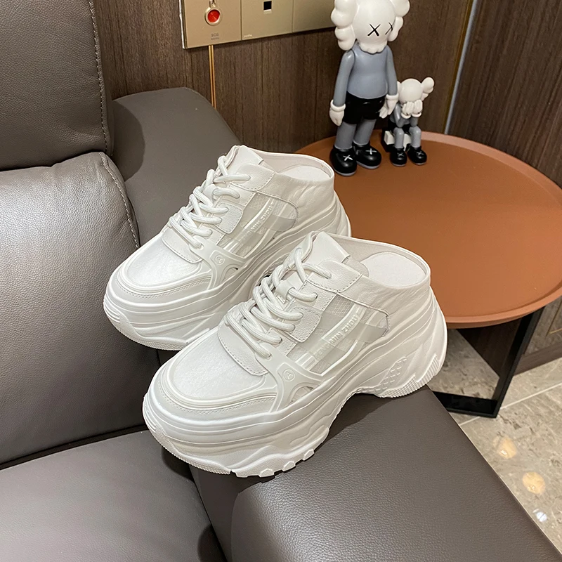 

Women Summer Slippers New Leisure Kick Mesh Platform White Flat Platform Baotou Cowhide High Heels Round Toe Outdoor Mulesshoes