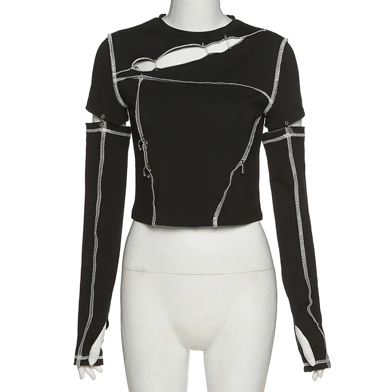 

Women's Sexy Hollow Stitching Crop Top Solid Color Reverse Trim Long Sleeve Round Neck Slim Chic Wild Streetwear T-Shirt