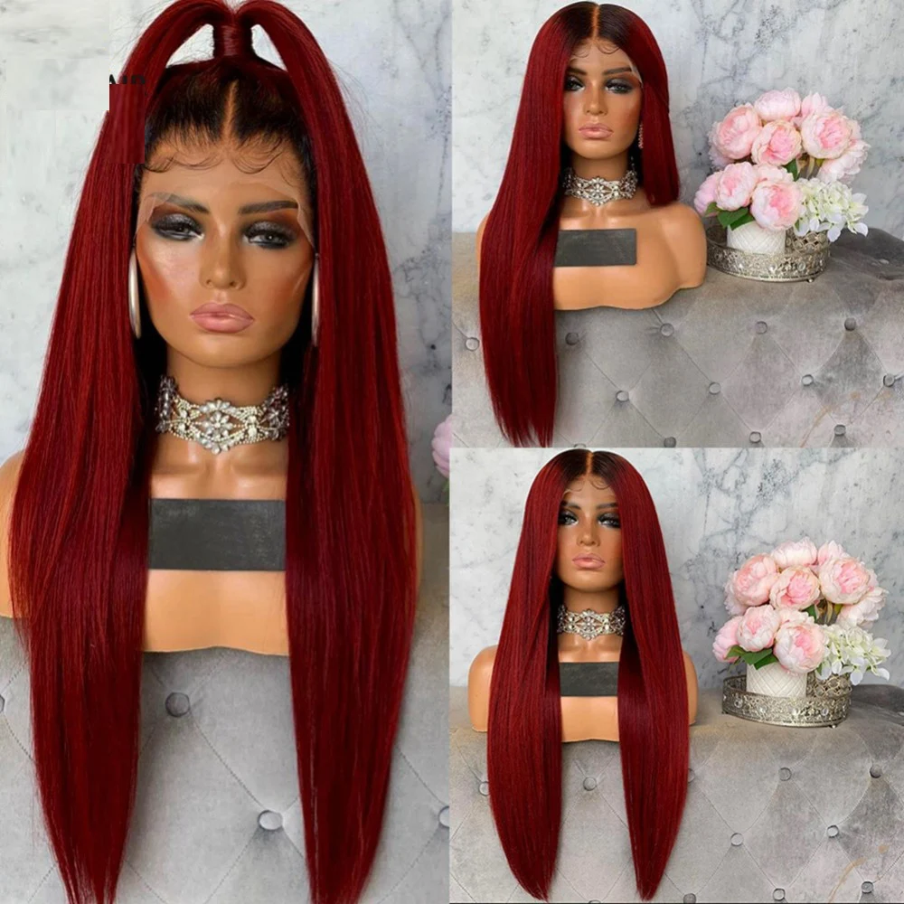 

DLME Ombre Red Lace Front Wig With Black Roots Glueless Burgundy Red Wig Heat Resistant Synthetic Cosplay Wigs For Black Women