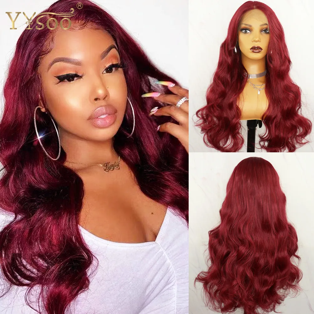 YYsoo 13x4 Long Burgundy Body Wave Futura Synthetic Lace Front Wigs For Women Heat Resistant Fiber Glueless Replacement Lace Wig