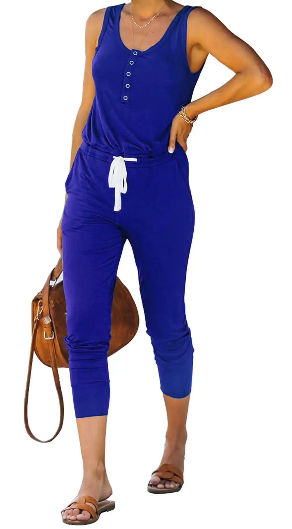 

Women’s Casual Solid Sleeveless Jumpsuit Crewneck Drawstring Waist Stretchy Long Pants Romper with Pockets
