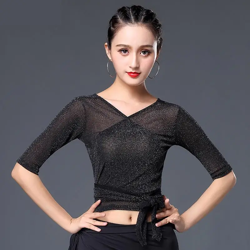 Женский тренировочный топ для латинских танцев черный сетчатый с коротким