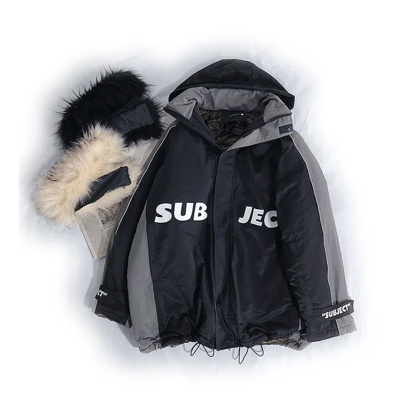 

Fur Collar Cotton-padded Jacket Men's Mid-length Thick Hooded Loose Warmth Printed Letters Reflective Stripe Windproof Coats