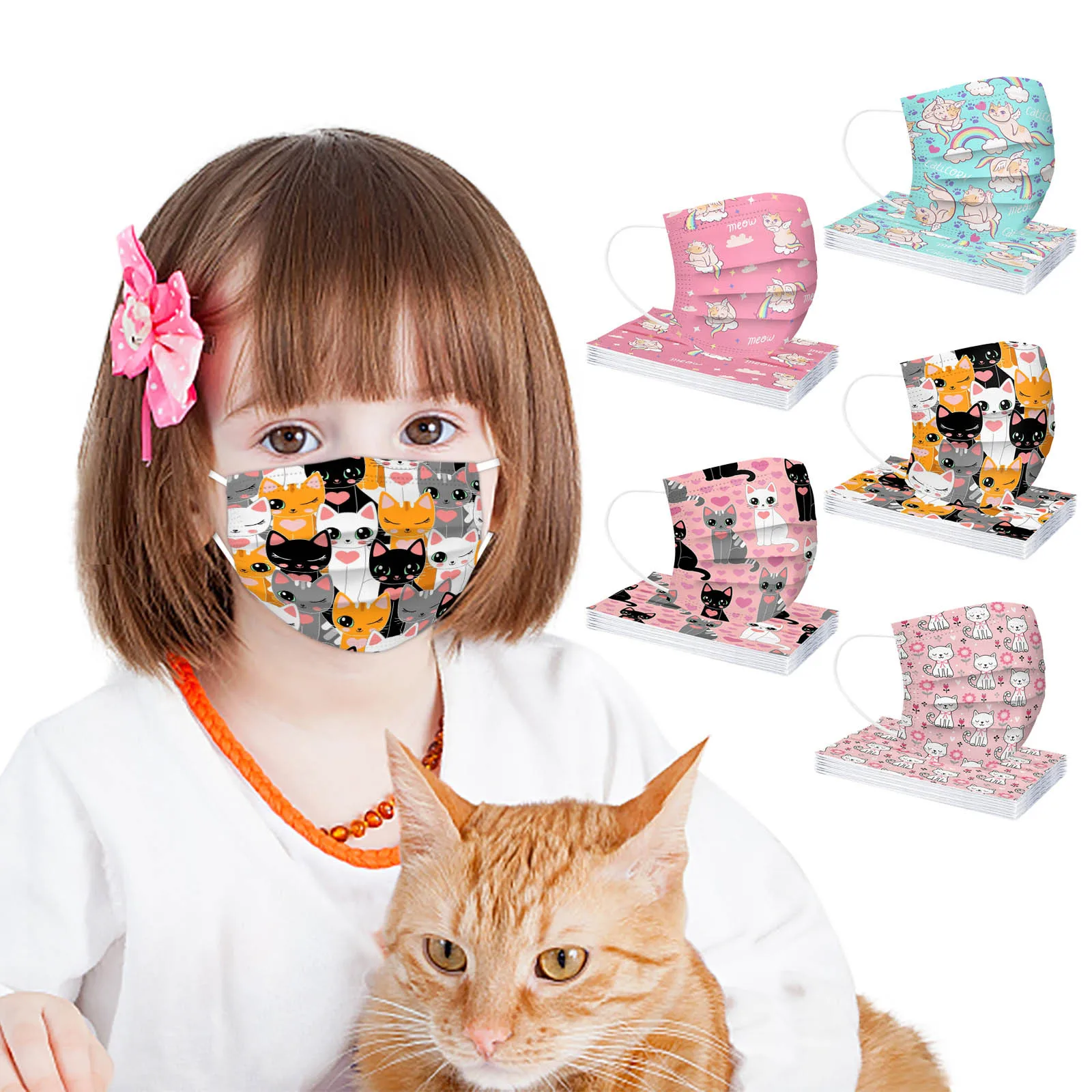 Детская маска для лица кошек одноразовая промышленная 3 слойная с петлями ушей и