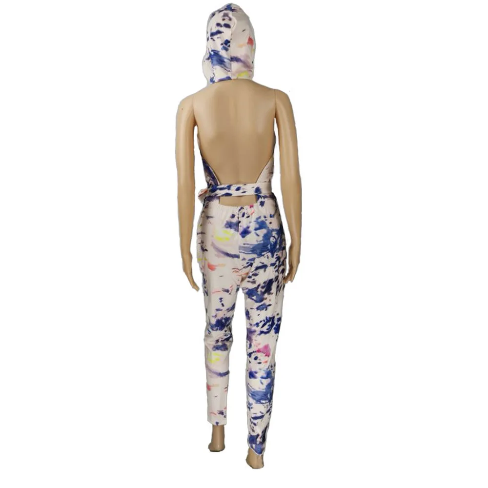 

Blue White Tie Dye Print Skinny Jumpsuits Women Sexy Deep V Neck Sleeveless Bandage Romper Summer Hooded Backless Slim Playsuits