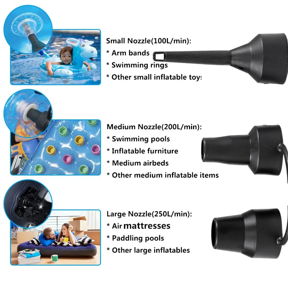 Электрический воздушный насос с 3 насадками портативный для воздушного матраса