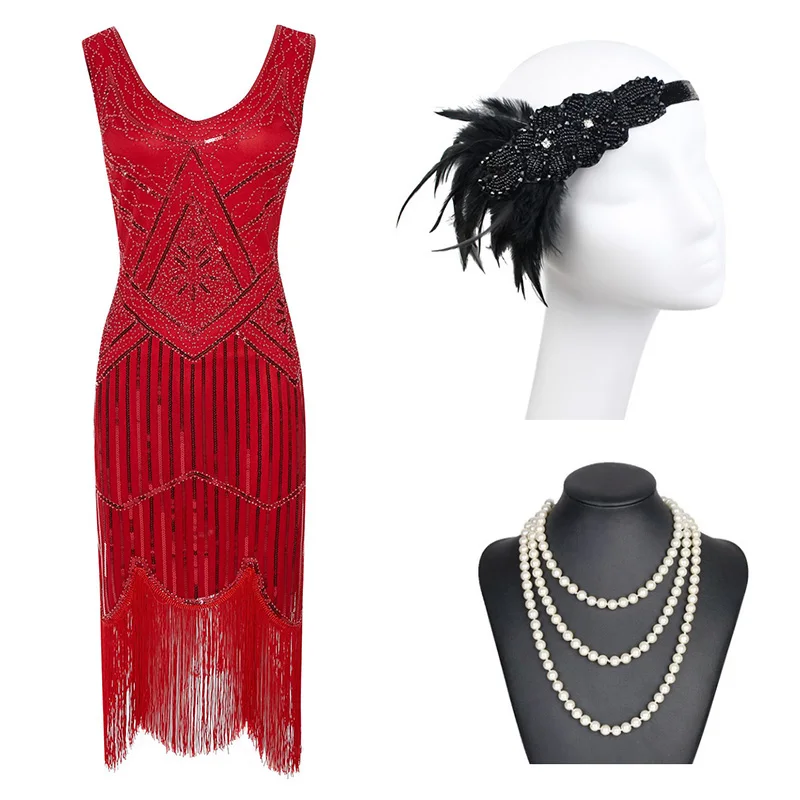 Red Set 1920s Гэтсби блесток бахромой Пейсли Хлопушка платье с 20s аксессуары набор xs, s, l, m, xl, xxl - Цвет: Red Set