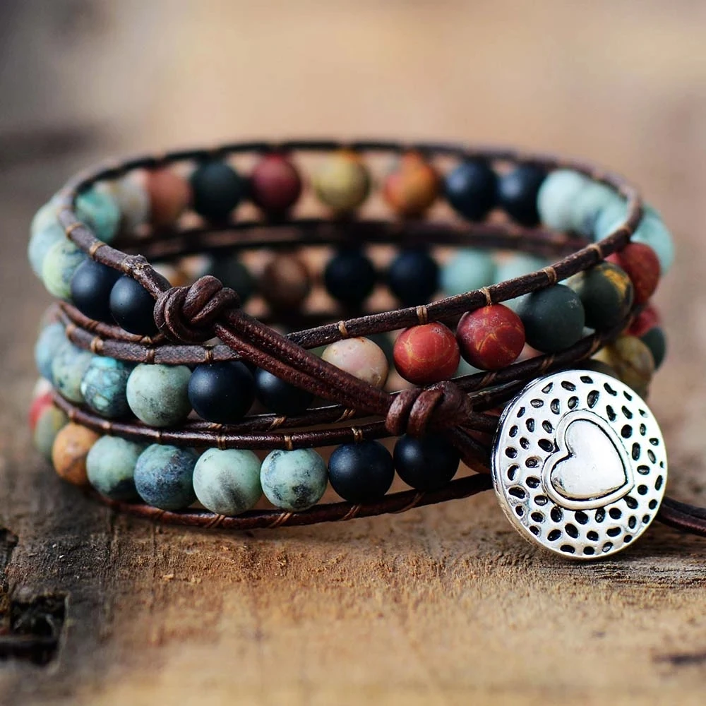 

2021 New Vintage Leather Bracelets Matte Stone 3 Strands Wrap Bracelets Woven Multilayer Boho Bracelet Handmade Jewelry