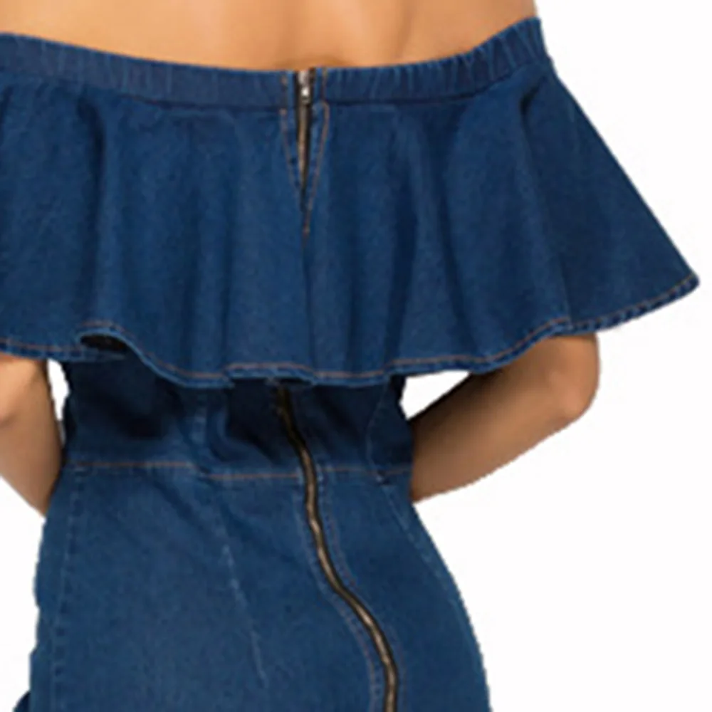 2020 Синее джинсовое платье женское летнее сексуальное ElegantRuffle с открытыми плечами