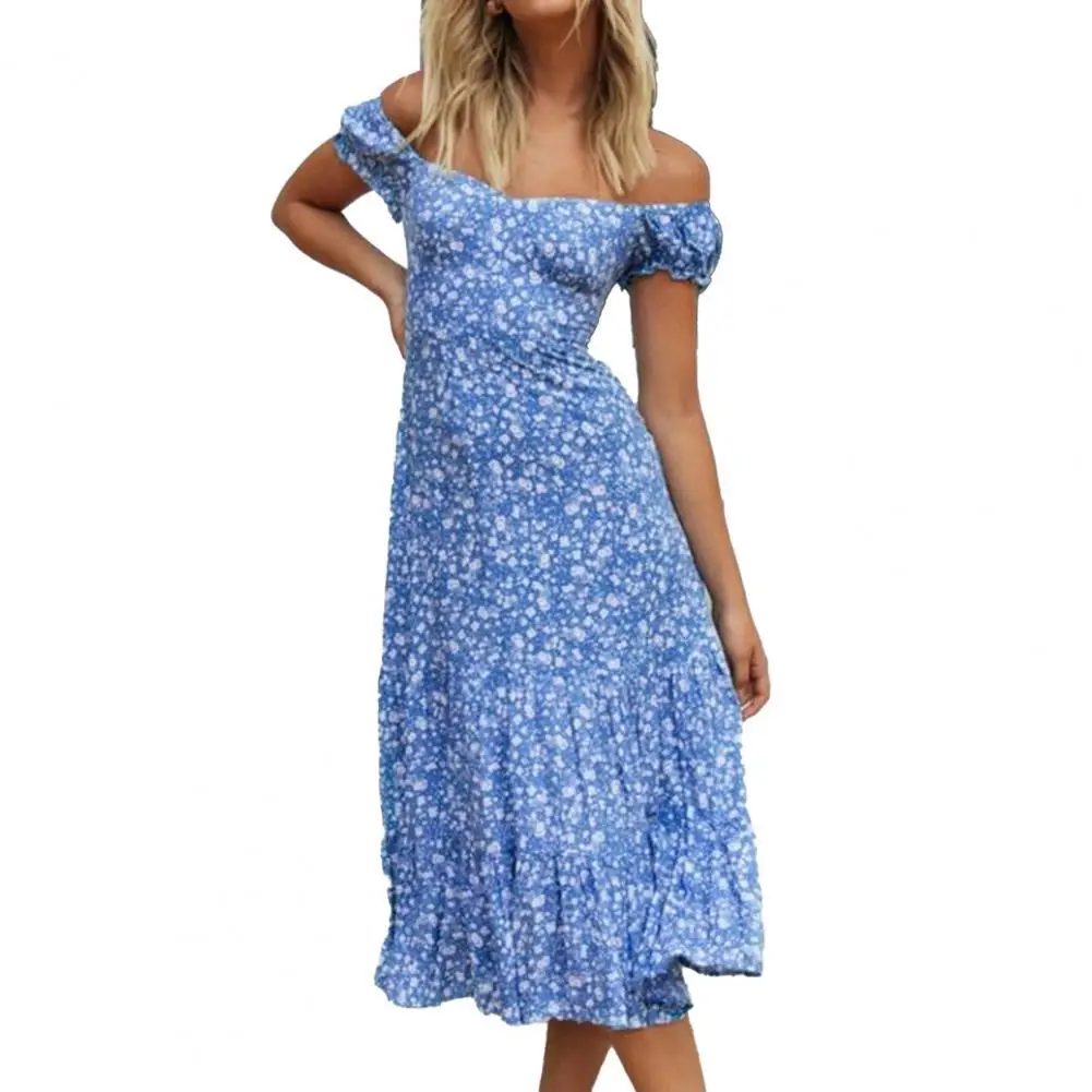 

50% Hot Sales Off Shoulder Print Lacing Slim Summer Midi Dress Sundress for Beach