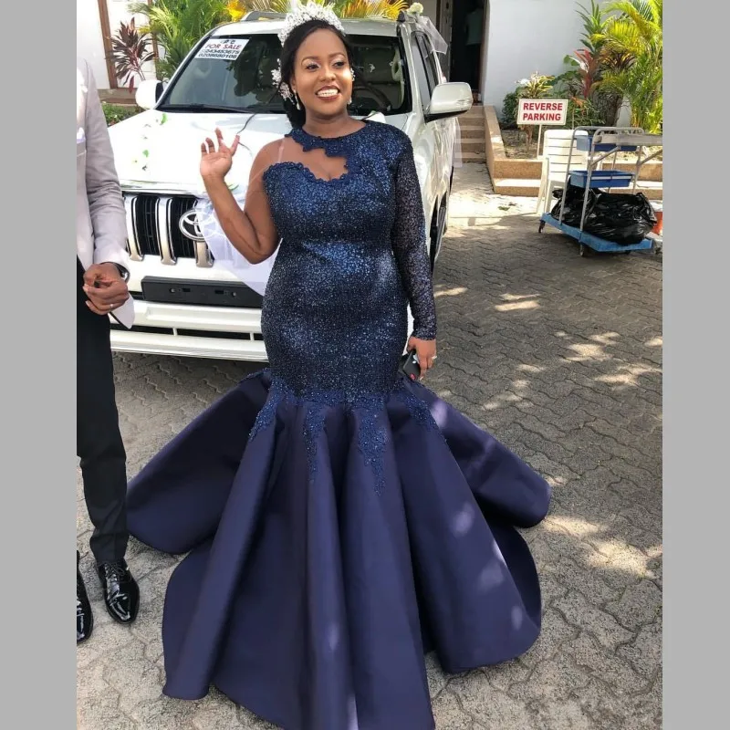 

African Plus Size Evening Dresses Sequined Top Appliques Sequins Mermaid Prom Dress One Shoulder Full Sleeves Party Vestidos