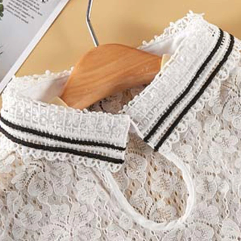 

Women Lapel False Collar Swan Embroidery Striped Floral Lace Half Shirt Dickey XX9D