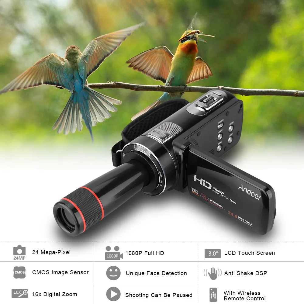 Цифровая видеокамера Andoer HDV-Z8 PLUS 1080P 30fps FHD 24 МП с 12X телеобъективом дистанционное