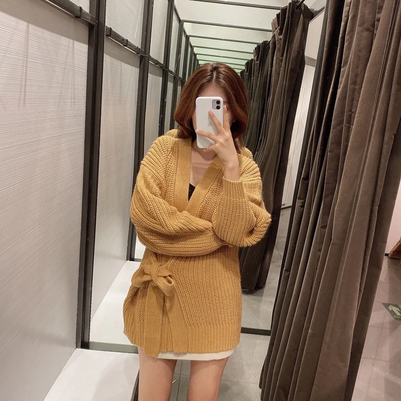 

YOSIBCD Women 2021 Fashion With Tied Wrap Knitted Cardigan Sweater Vintage V Long Sleeve Female Outerwear Chic Tops