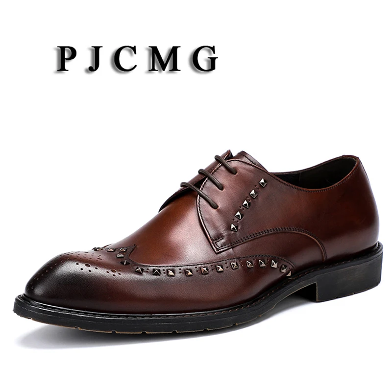 

PJCMG New Men's Rivet Decoration Pointed Toe Formal Business Genuine Leather Wedding Casual Flat Patent Oxford Men Shoes
