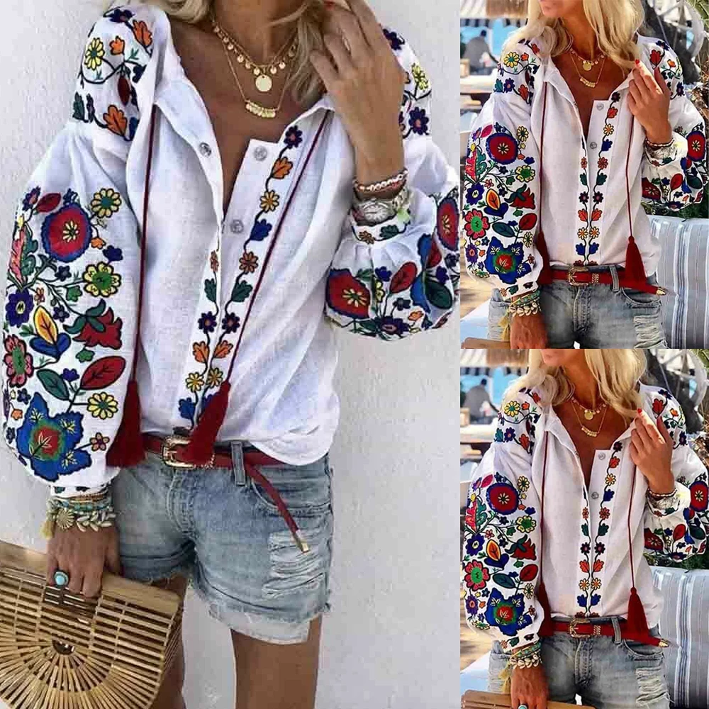

Women Long Sleeve Blouse Summer Folk Floral Ladies Button Loose White Casual Blouse Top