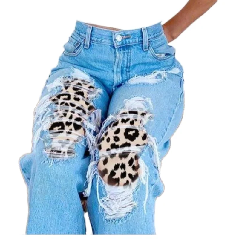 

2021 European and American Ladies Jeans Ripped Leopard Print Thin Denim Trousers Ripped Jeans for Women Jeans Woman