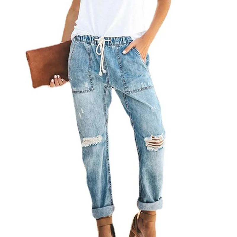 

Women Spring Summer Casual Fashion Waist Drawstring Straight-leg Ripped Jeans