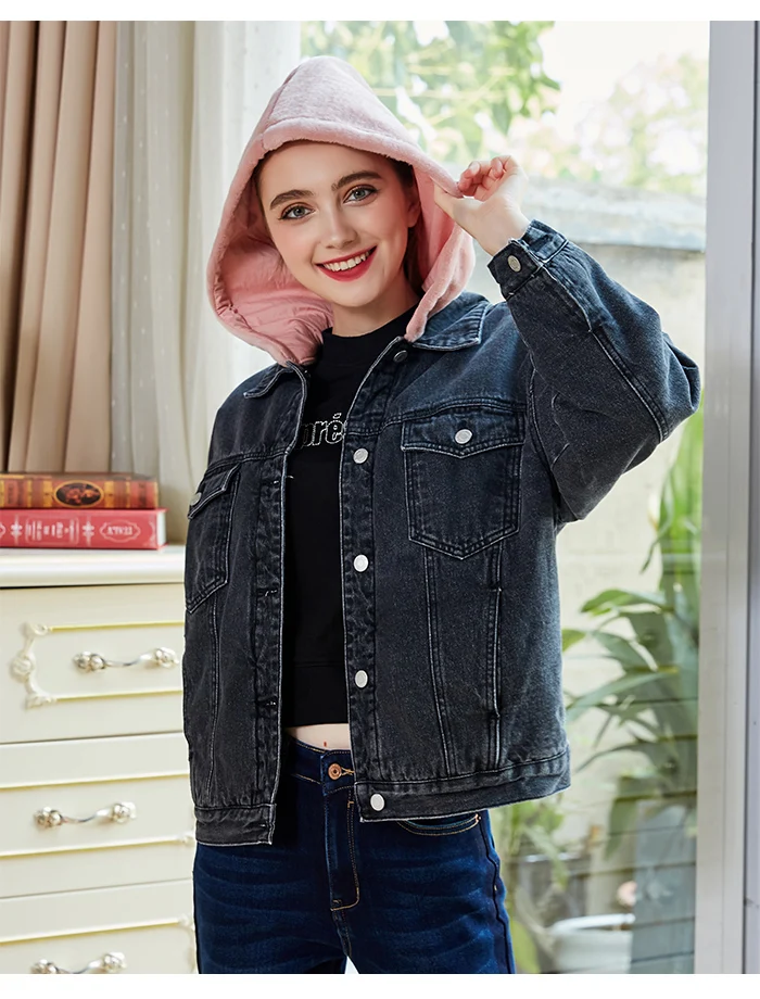 Женская джинсовая куртка с начесом LEIJIJEANS, теплая стильная куртка с розовым капюшоном, новая молодежная модель 9226R большого размера на зиму