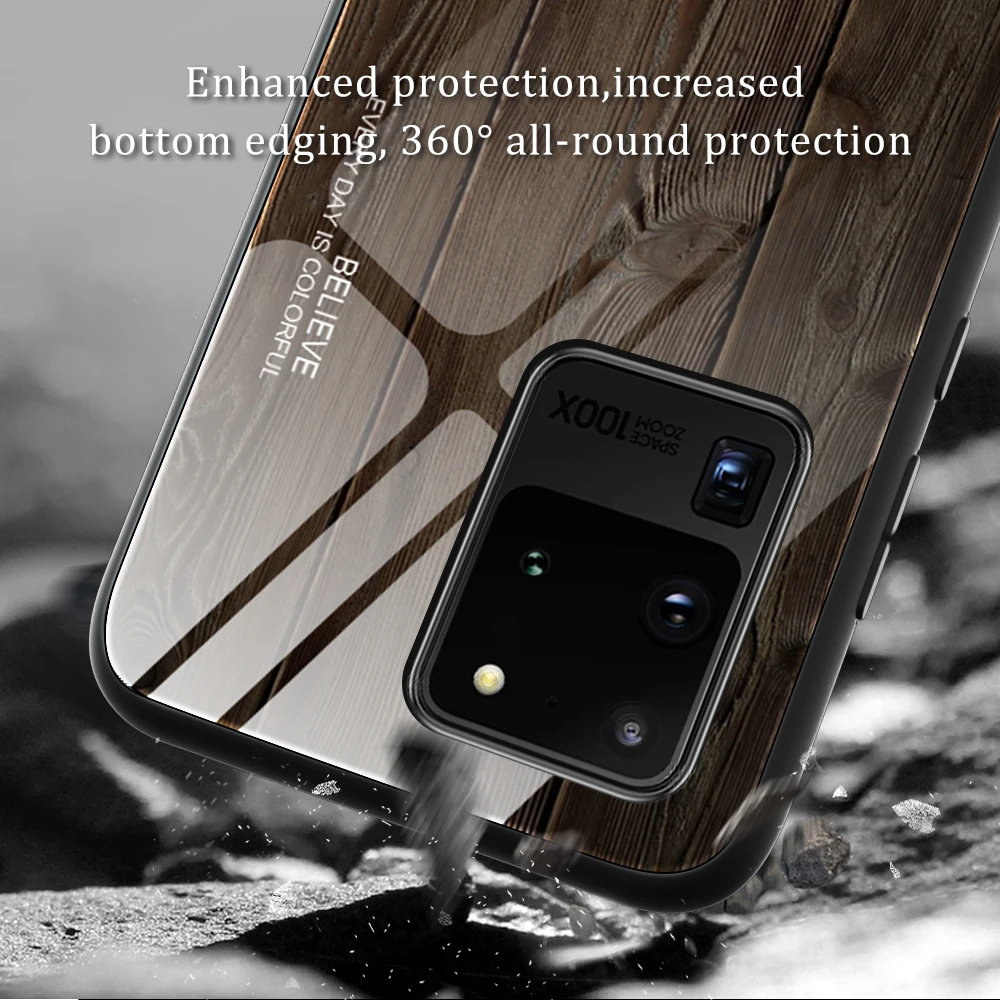 

Luxury Tempered Glass Case For Samsung S21 S20 5G Ultra Plus FE Note10 9 Classic Wood Grain Protective Back Cover Case
