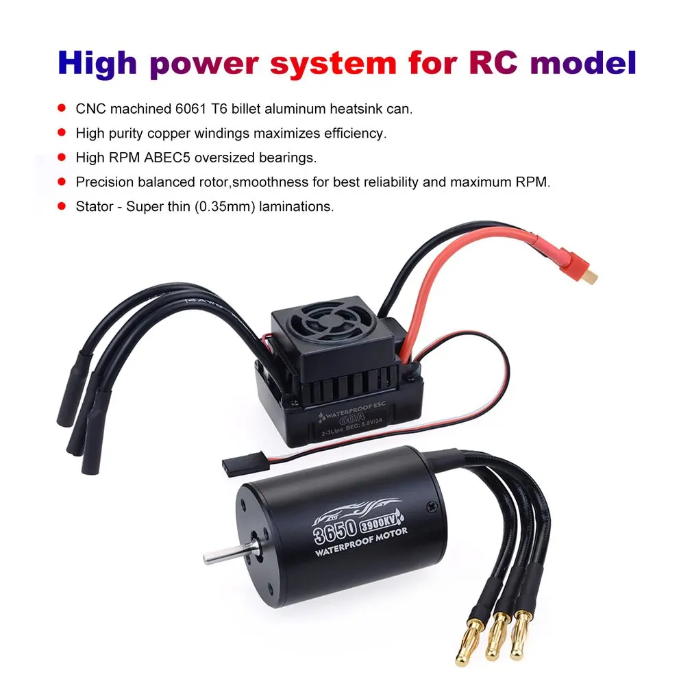 

Waterproof 3650 2300KV/3100KV/3900KV Brushless Senseless Motor and 60A Brushless ESC Combo Set for 1/10 RC Car Boat