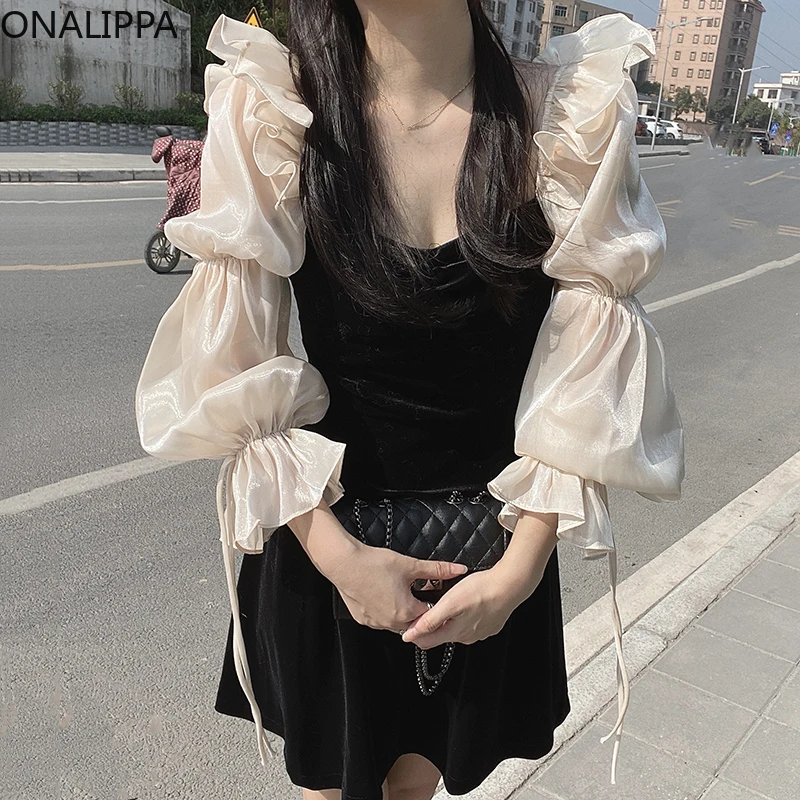 

Женское осеннее платье ONALIPPA с квадратным вырезом, французское ретро Тонкое бархатное платье с оборками и блестящей строчкой из двух частей,...