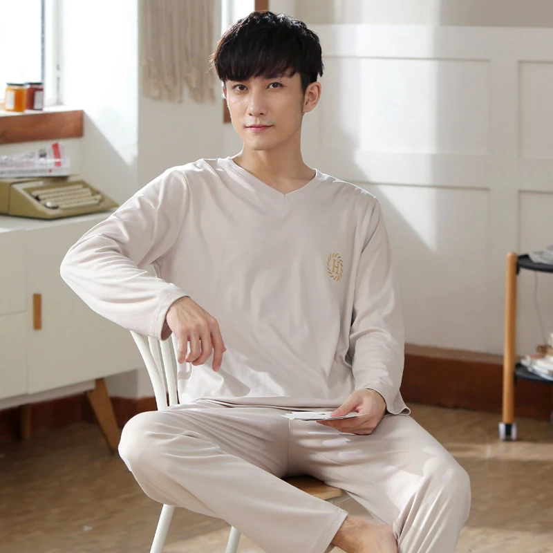 Casual Loose Sleepwear Thin Summer Long Sleeve Bedroom Cotton Comfy Set Plus Size Sleepwear Szata Zestawy Men's Sleep DB60SY