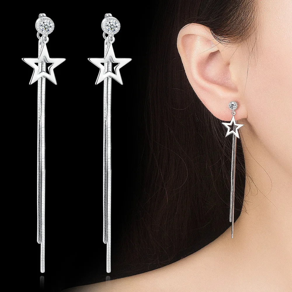 

Five-pointed Star Earrings Silver Plated Long Tassel Earrings For Women Earing Jewelry Back Hanging Earings SCF186