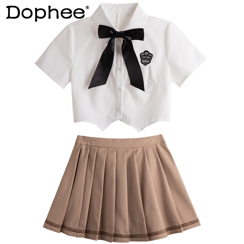 

Белая Милая Короткая рубашка с бантом, новинка 2021, летний топ в студенческом стиле, плиссированная юбка А-силуэта для женщин, Элегантный Мод...