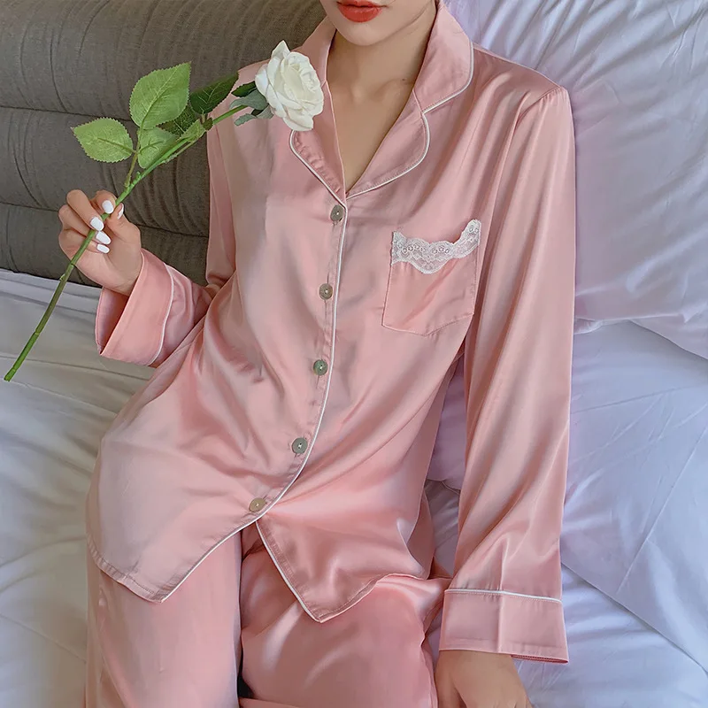 

4 Colors Long Sleeve Trousers Home Clothes Women's Pajamas Autumn Thin Living Clothes Two Piece Suit Red Silk Sleepwear Set