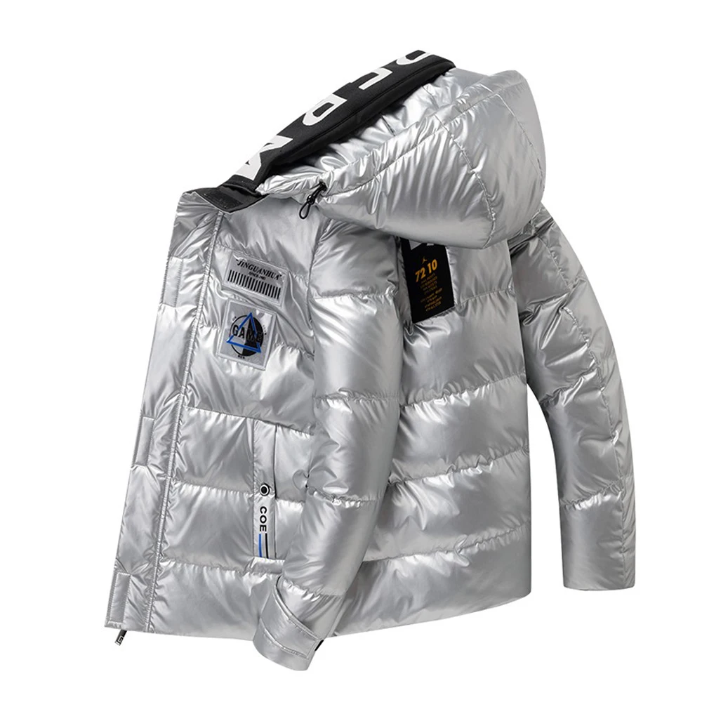 

Fashion Men's Winter Short Bread Parkas Bright Fabric Letter Printing Hooded Casual Jacket Zipper Coat Outerwear