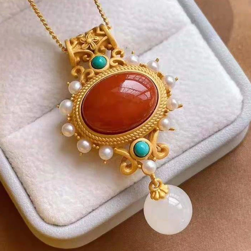 

Natural South Red Agate S925 silver inlaid pearl turquoise pendant necklace niche light luxury charm female brand jewelry set