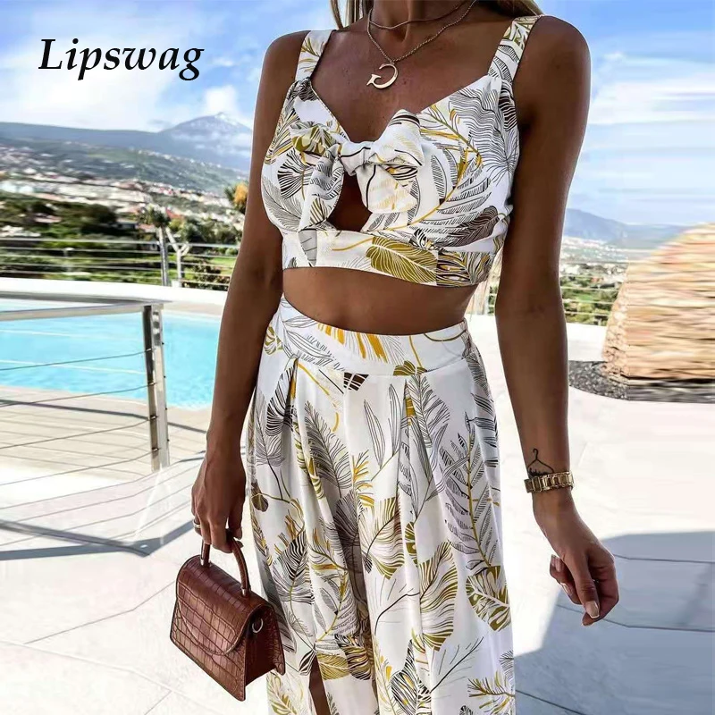

Summer Fashion Print Women 2 Piece Sets Sleeveless Hollow Out Outfits Sexy Bandeau Lady Crop Tops And Slit Wide Leg Pants Suits