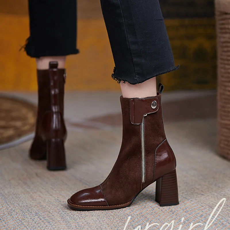 Chunky High Heels Boots Brown Black Party Dress Shoes Women Fashion Retro Boots Female Shoes Comfortable Block Heels Girls Shoes