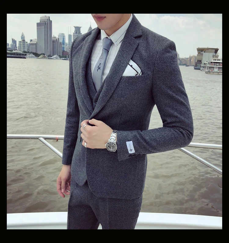 Мужской деловой костюм, официальный смокинг, мужские костюмы, Casacas Hombre Azul Terno Preto, облегающие Серые Ретро костюмы в клетку для мужчин