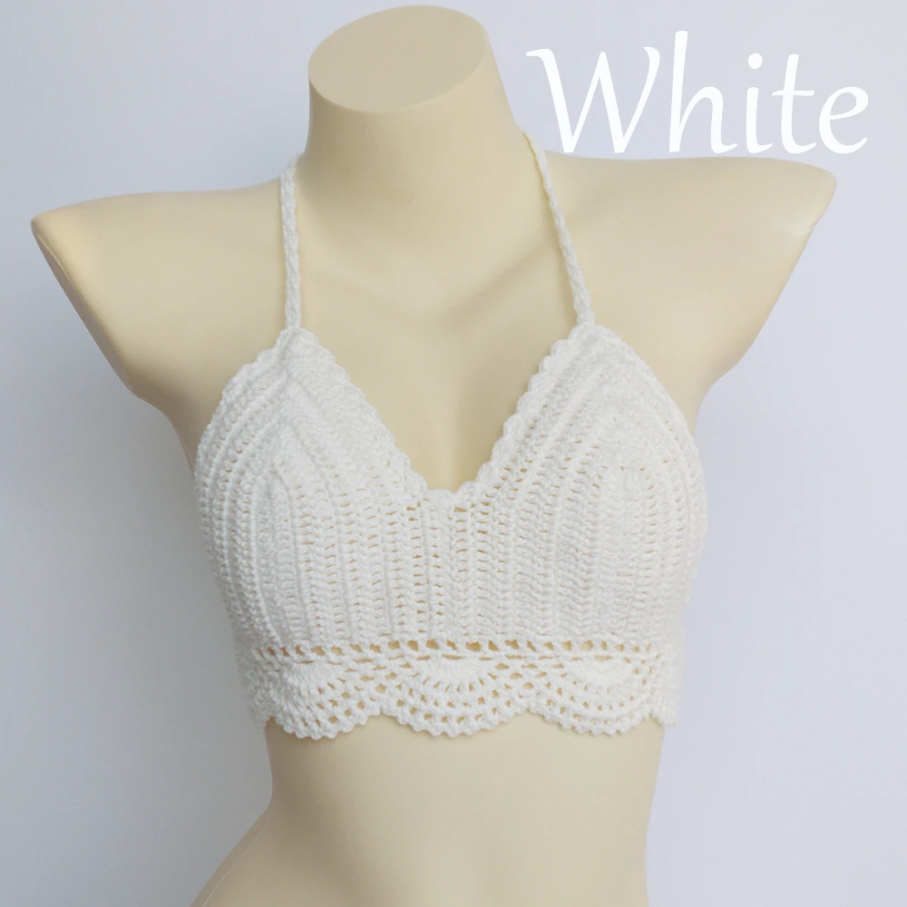 white top Женское сексуальное бикини большого размера, вязанный крючком, пуш-ап, черный, белый бюстгальтер, бикини, топ, бохо, пляжный Бралетт, Одноцветный, Холтер, трикотажный бюстгальтер - Цвет: white top