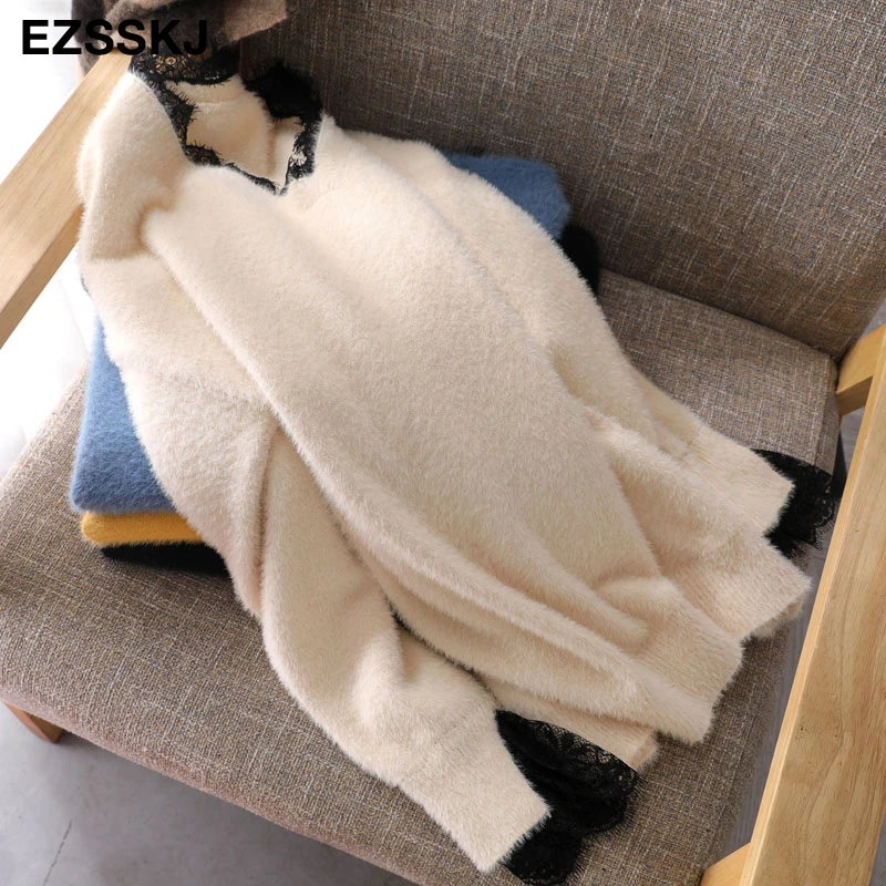 Женский толстый меховой свитер-пуловер с v-образным вырезом кружевной Свитер