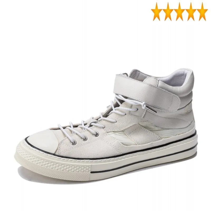 

White High-Top Men Autumn Flats Cowhide Patchwork Canvas Luxury Trainers Espadrilles Black Street Hip Hop Shoes